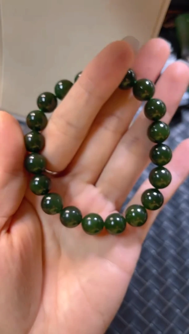 颈饰未镶嵌和田玉（碧玉）±10mm老油菠菜绿单圈手串多样性发一