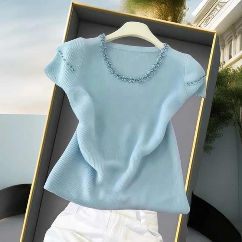 2025夏季高端气质超好看洋气时髦小个子减龄别致独特绝美蓝色T恤
