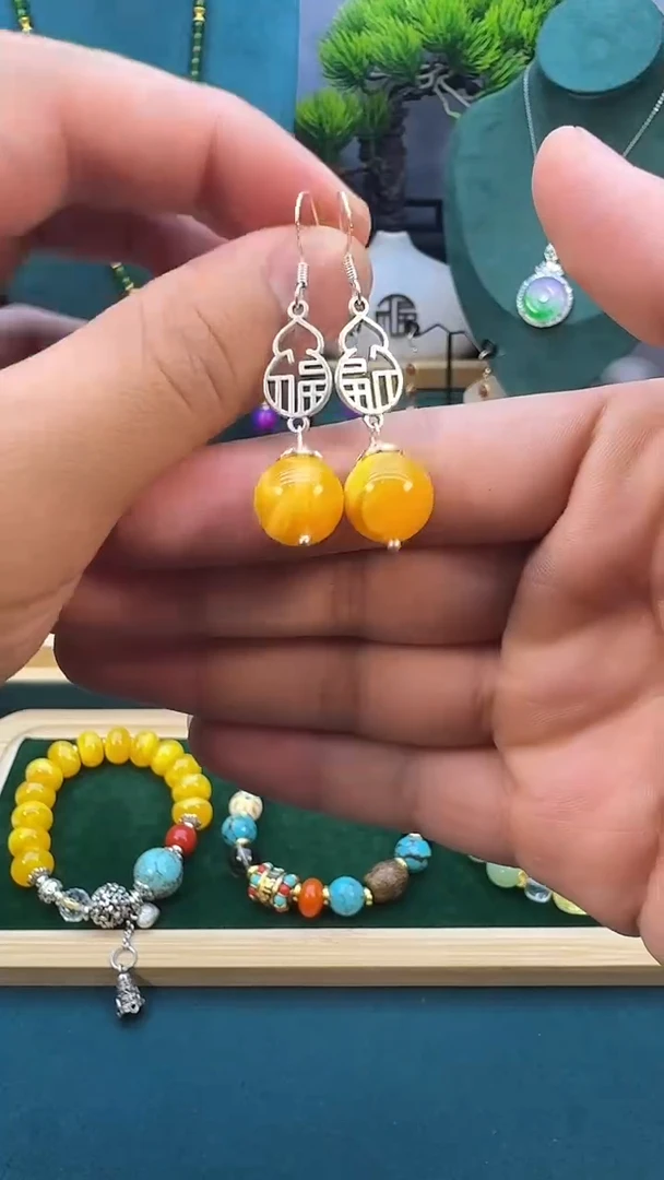 银S925镶嵌蜜蜡耳饰E57