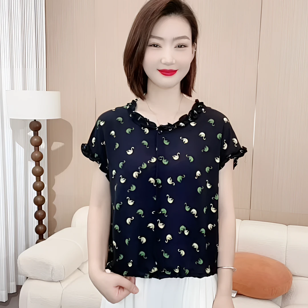 2025夏季时尚洋气新款极简风印花花边领气质休闲百搭短袖P7219