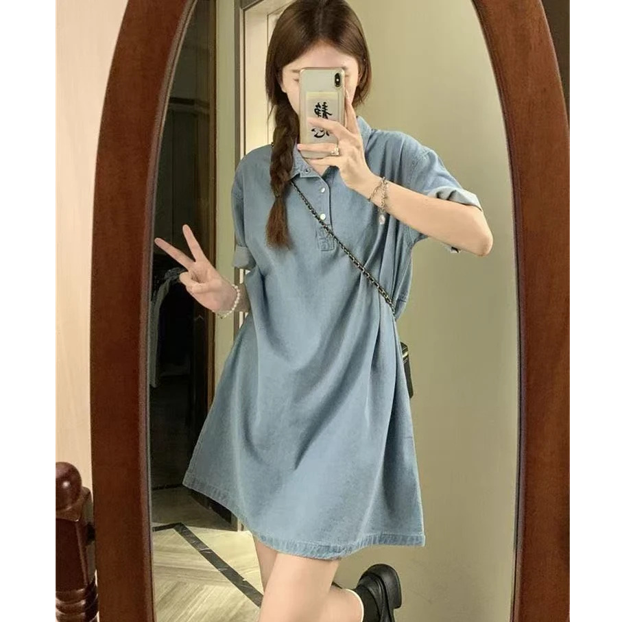 2025夏季新款纯色连衣裙中长款简约薄款短袖休闲宽松韩版短款裙子