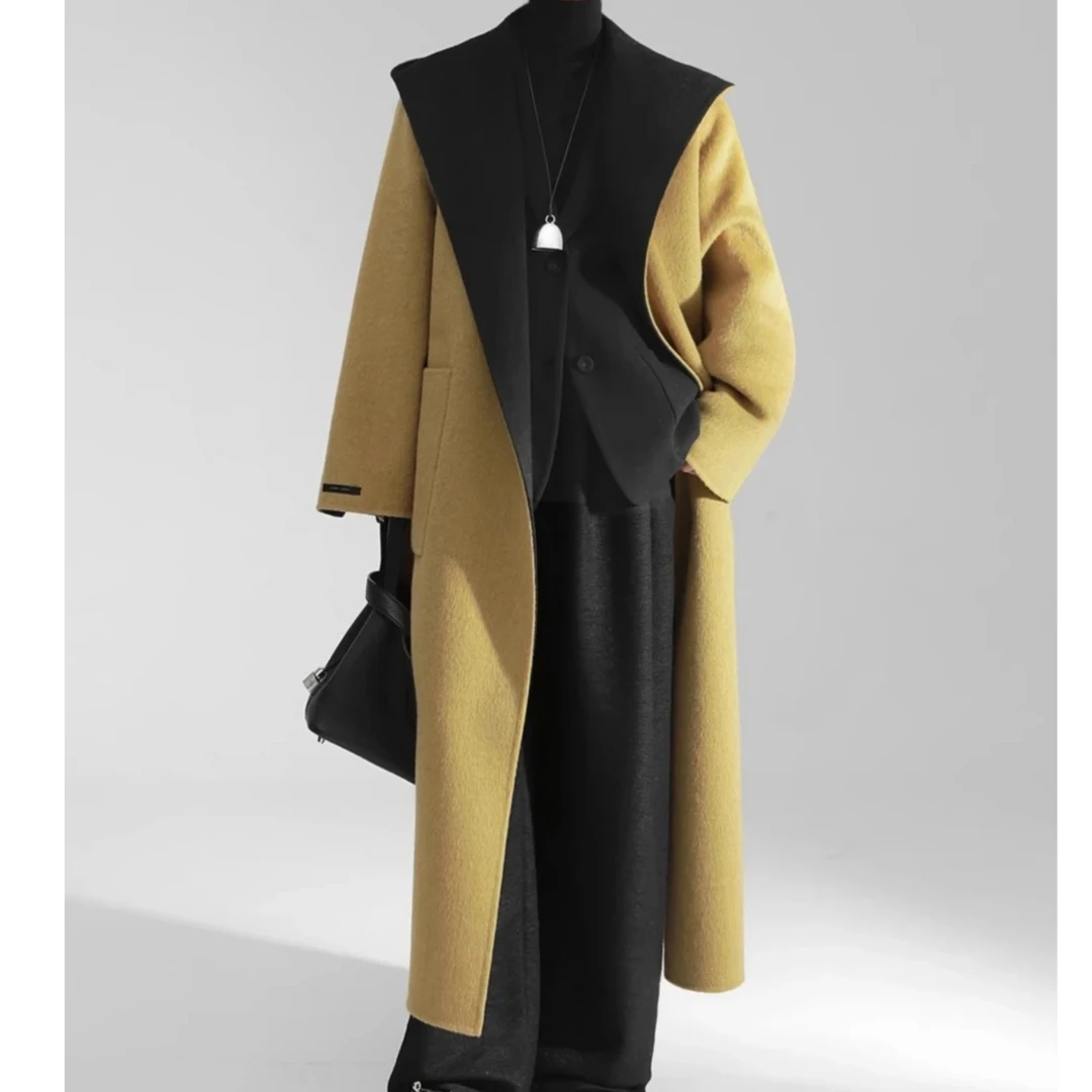 250102【花花专属】新款拼色连帽韩版羊毛大衣设计师秋冬气质时尚女