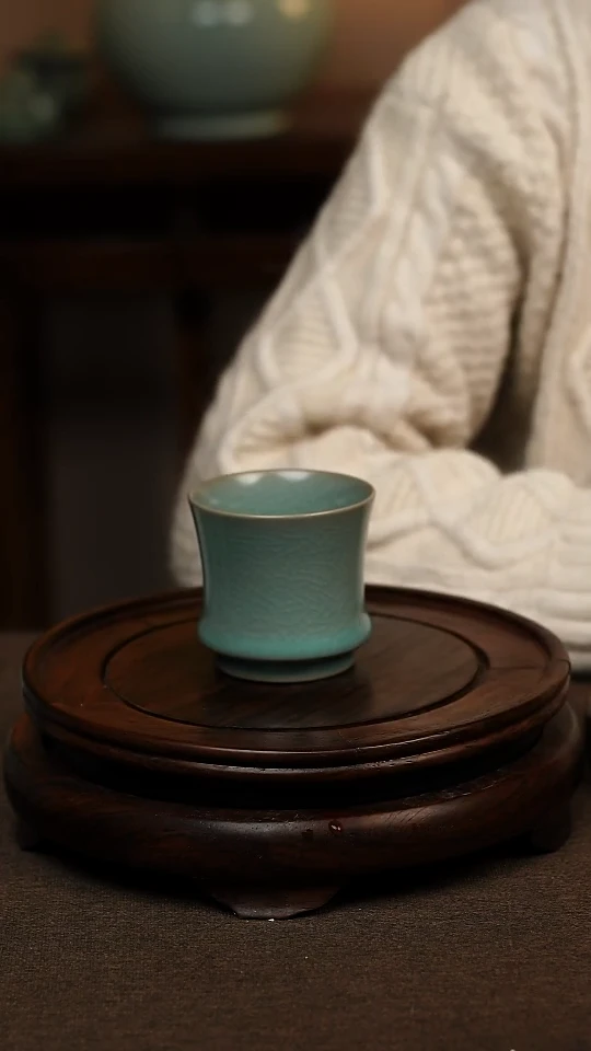 瓷片仿古青绿釉全手工束腰杯80ml 一级礼盒包装