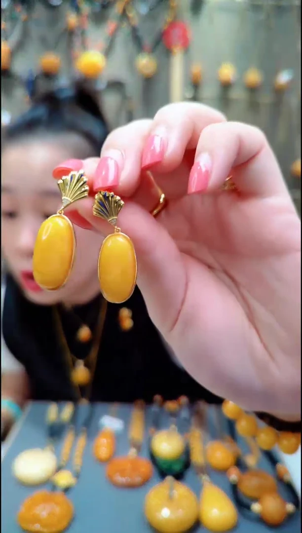 蜜蜡银S925镀金镶嵌珠宝奇石﹣A088蜜蜡耳坠