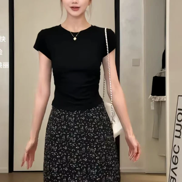 新款大码气质黑色碎花半身裙女夏季胖mm高腰显瘦防走光a字短裙子