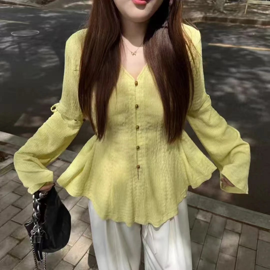 婷婷家女装设计感翻领长袖衬衫2025秋季显瘦百搭上衣