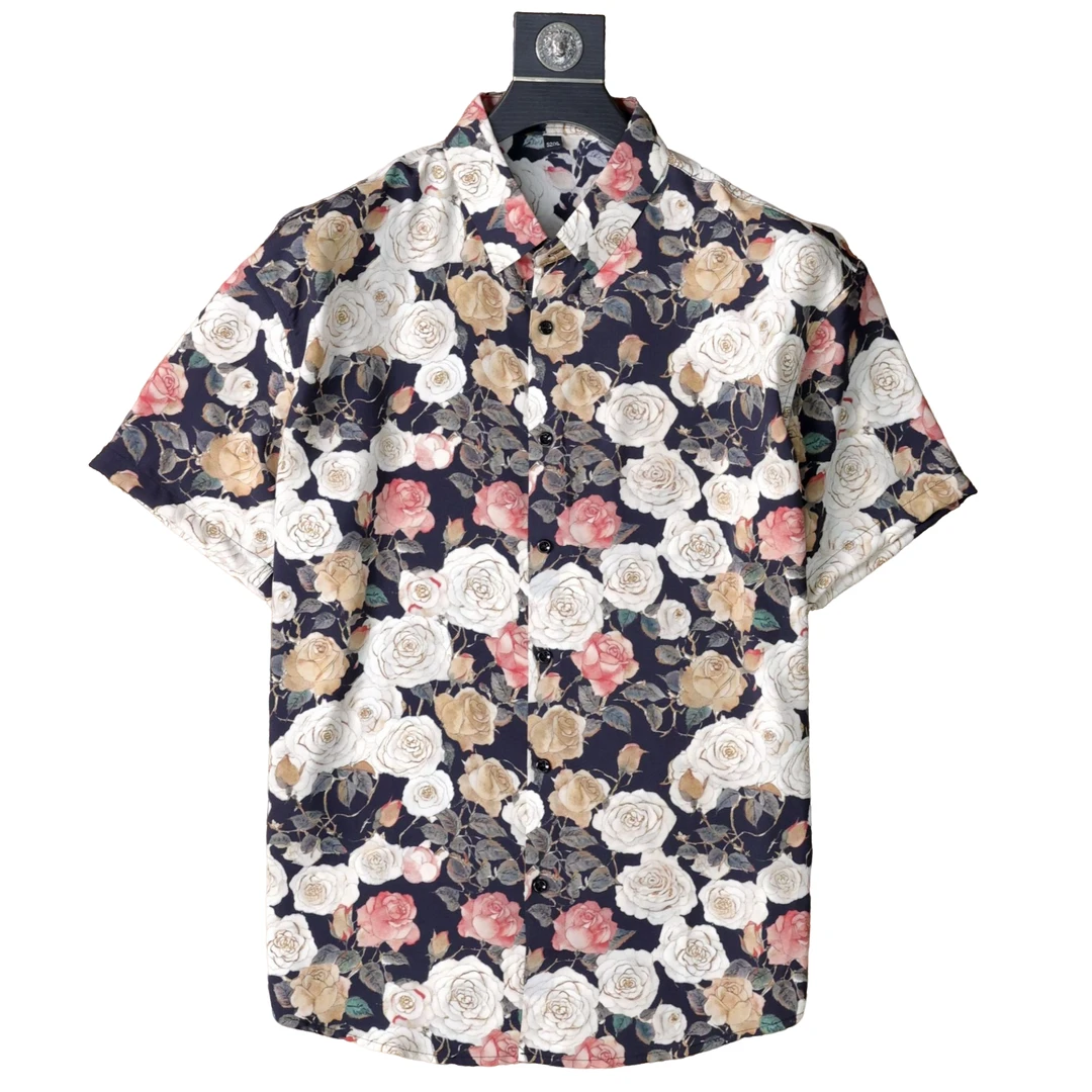 2025新款度假风男士休闲碎花衬衫复古时尚潮流港风轻薄网红衬衫男