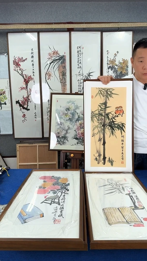 国画竹子实木装裱 38*69