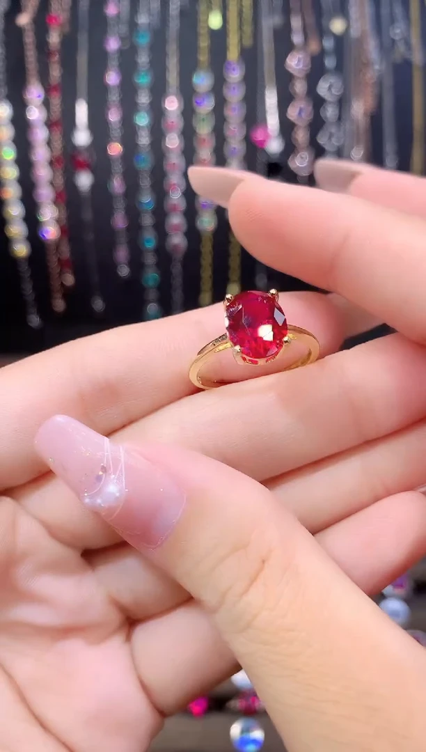 红宝石戒指银S925镶嵌酒红金色