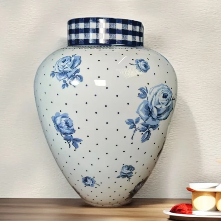 【KA家】25*18CM 花瓶 白底波点花蓝玫瑰 复古靛蓝VINTAGE INDIGO