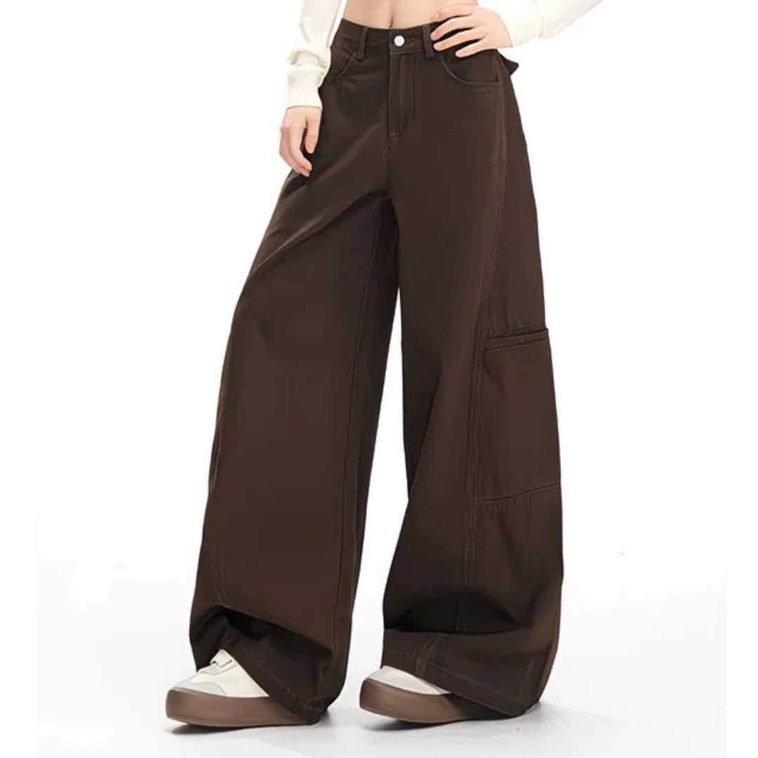 小个子美拉德裤子复古棕色工装裤阔腿女秋季街头辣妹宽松牛仔长裤