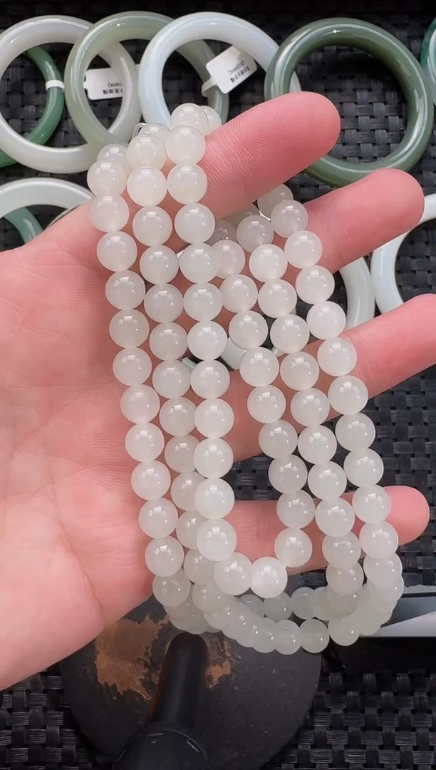 颈饰未镶嵌和田玉8mm白玉长链108带扣头