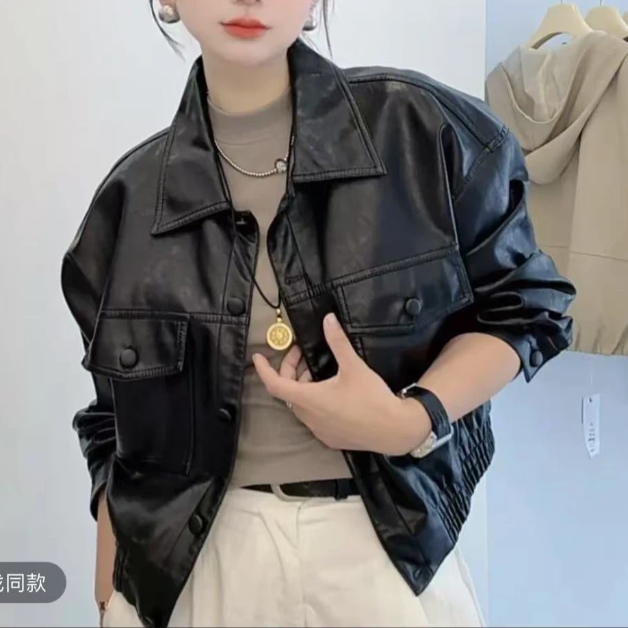 复古美式咖色皮衣夹克外套女早秋黑色甜酷风机车PU皮宽松长袖上衣