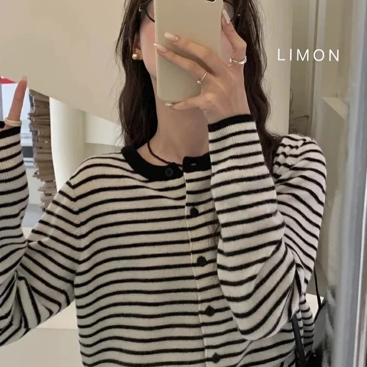 新款日系欧尼天选复古衣松弛氛围感条纹长袖针织慵懒风显瘦264