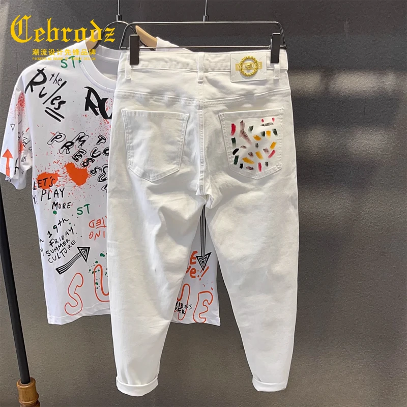 法国Cebrodz涂鸦白色九分牛仔裤男锥形修身小脚痞帅纯黑色9分裤