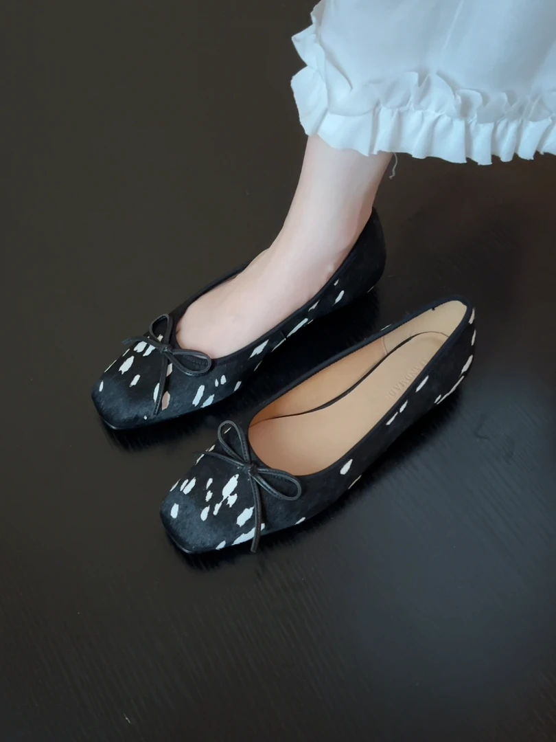 Pokoy-2cm红色蝴蝶结方头低跟单鞋女平底芭蕾舞小皮鞋