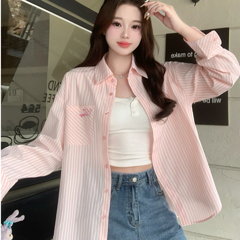 实拍2025春装新款胖mm大码甜美百搭减龄条纹衬衫衬衣21533