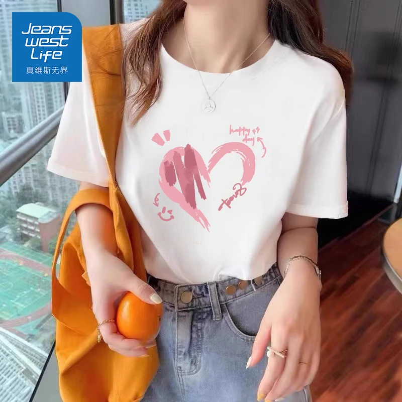 真维斯无界夏季白色宽松时尚休闲T恤爆款印花学生减龄百搭印花女