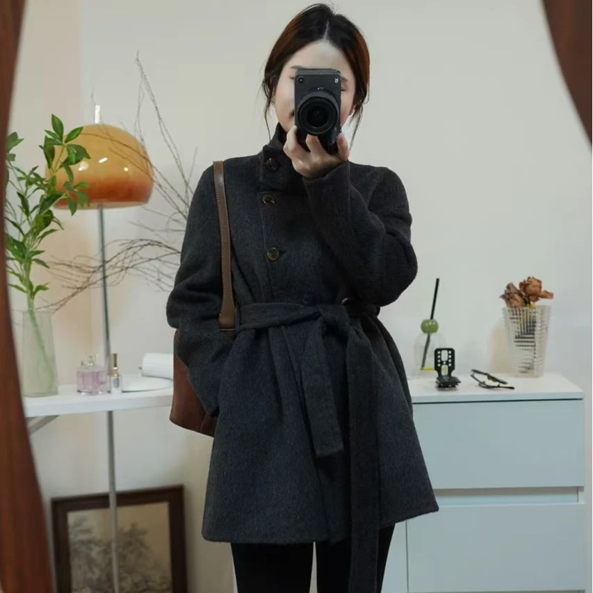 【运费补】小个子定制法式复古双牌扣立领时尚绵羊毛大衣外套