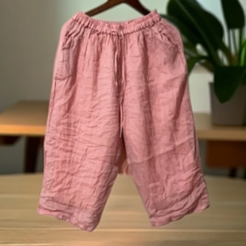 6862苎麻百搭宽松休闲八分裤臀围130