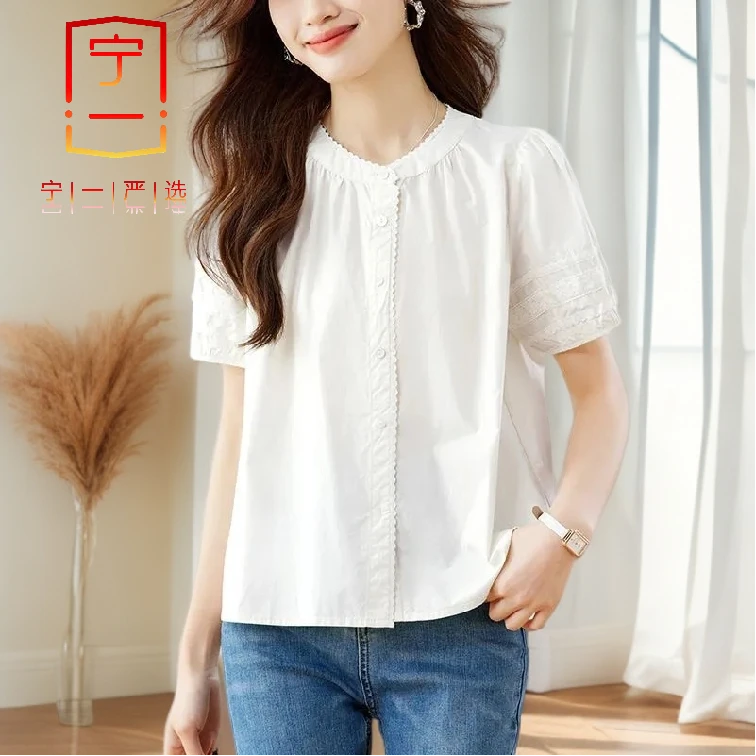 【宁一女装】时尚小衫圆领短袖衬衫夏秋新款设计感纯棉显瘦气质上衣