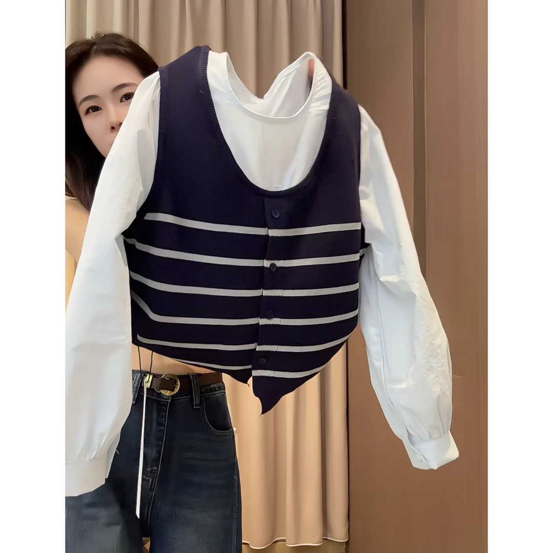 2025秋季新款韩版百搭圆领条纹拼接假两件毛针织衫女宽松显瘦上衣
