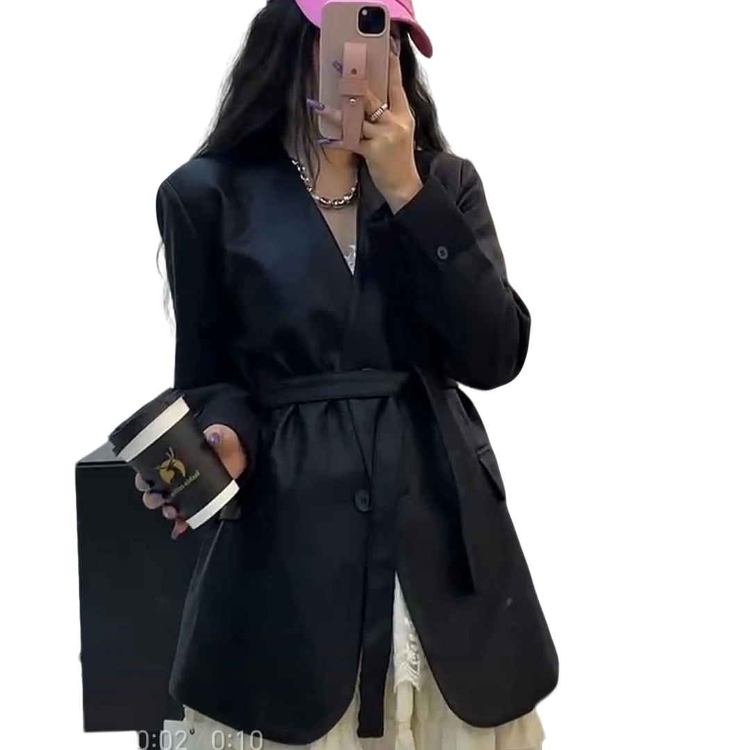 【珊珊服饰】春季新款欧货时尚洋气百搭西装PU皮西服黑色外套