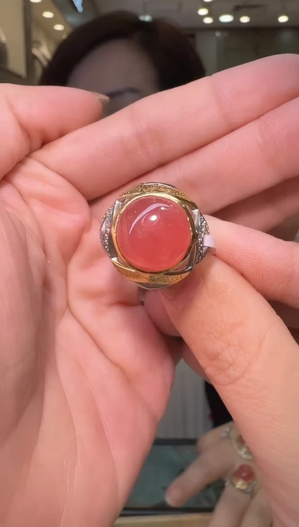 银S925镶嵌菱锰矿（红纹石）戒指022