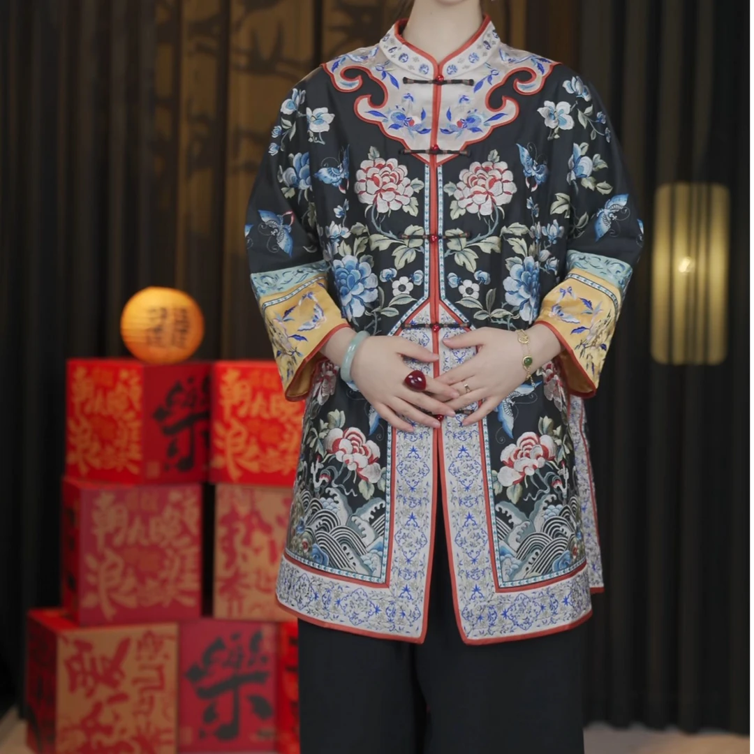 香云纱太太服长款民族风唐装传统重工苏绣圆领上衣复古A529-华莲