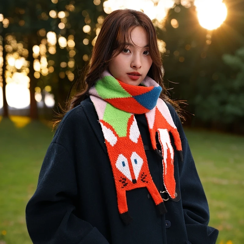 秋冬保暖围巾毛线卡通小狐狸围脖保暖仿羊绒可爱围脖防寒小披肩