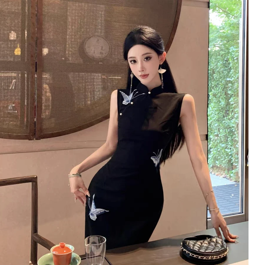 M029新中式国风蝴蝶改良旗袍年轻少女气质修身显瘦无袖黑色连衣裙
