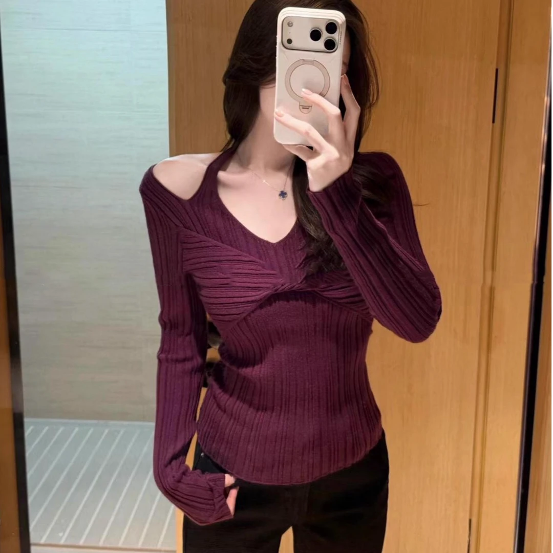 法式紫色挂脖一字领扭结针织衫女秋冬毛衣打底衫内搭短款气质上衣