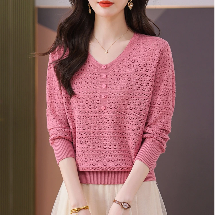 秋季新款时尚V领长袖针织衫上衣女士洋气百搭宽松显瘦套头打底衫