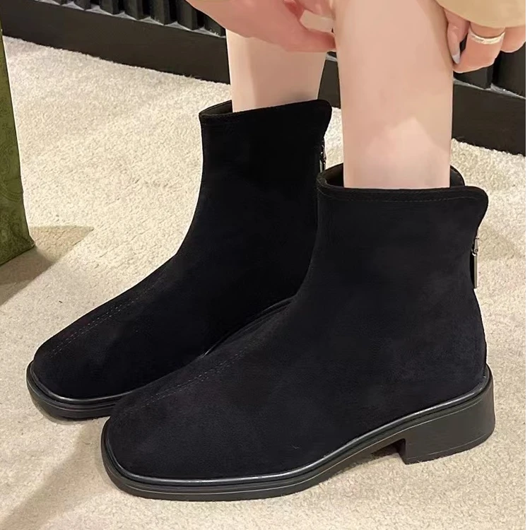 秋冬新款韩版通勤瘦瘦简约粗跟裸靴短靴1860-1(不加绒)