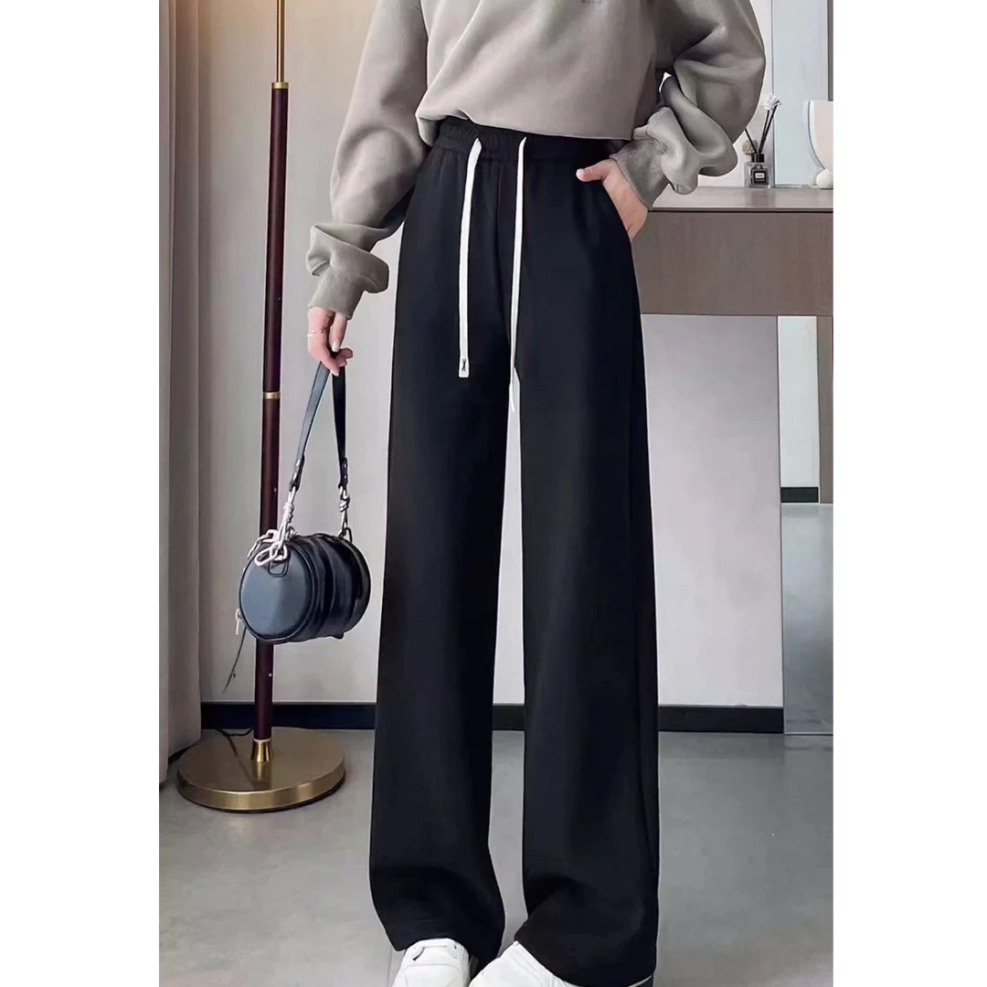 【婉婷服饰】05直筒裤春秋款女士时尚百搭黑色休闲垂感松紧腰显瘦