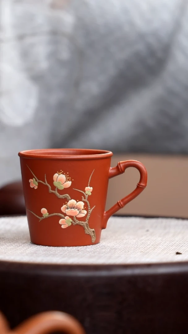 【闪购商品】紫砂茶壶朱泥竹节手把杯桃花