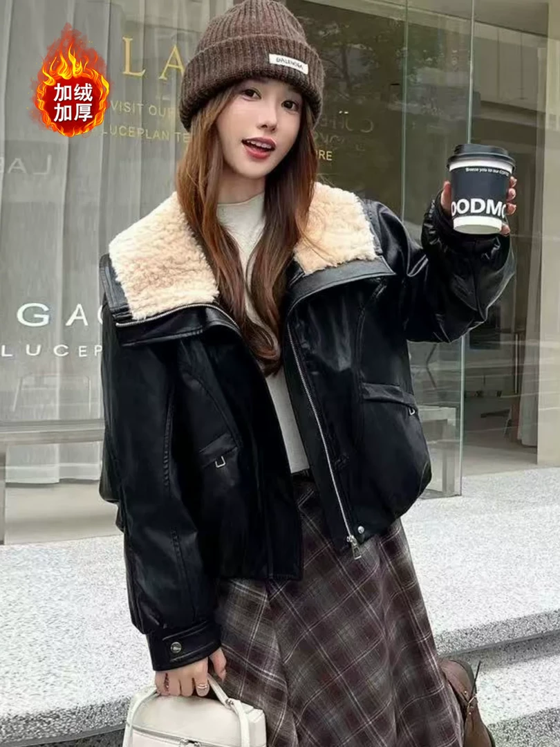 毛绒大翻领加绒加厚保暖皮衣外套女2025秋冬新款宽松显瘦上衣