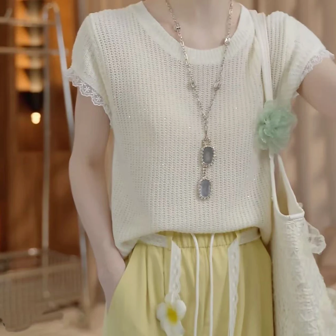 蕾丝边拼接冰丝针织衫女短袖2025夏季新款宽松百搭设计感小众上衣