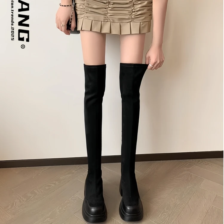 弹力瘦瘦靴厚底绒面长筒过膝靴子女2025新款爆款秋冬加绒高筒长靴