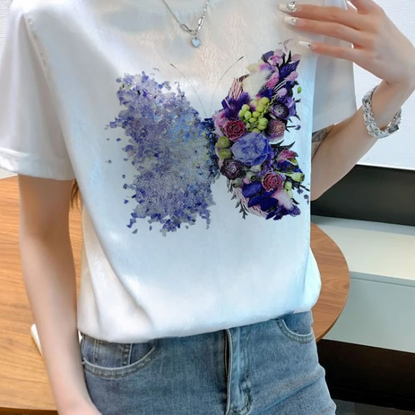 数码高温印花~彩色双拼蝴蝶！印花短袖女时尚缎面拼接打底衫A277