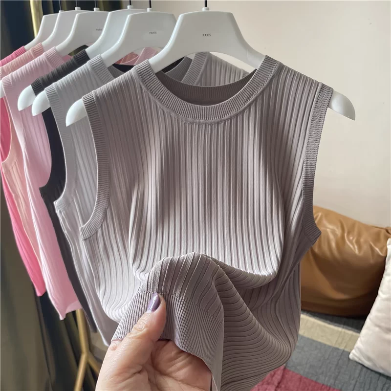 春夏新款圆领螺纹坑条针织背心女修身打底内搭T恤套头上衣16021