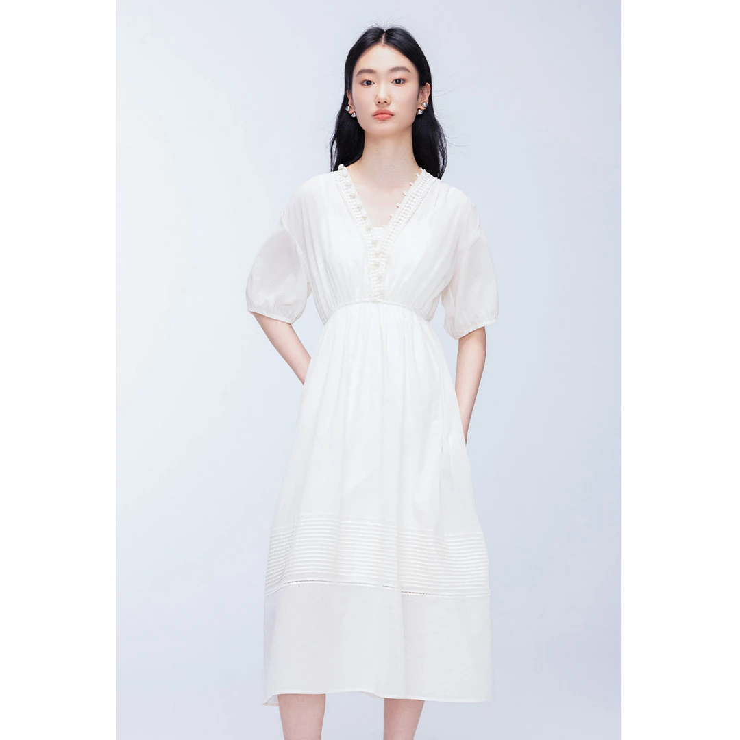 Migaino/曼娅奴品牌2025夏季设计师气质中长款连衣裙MO32DA055