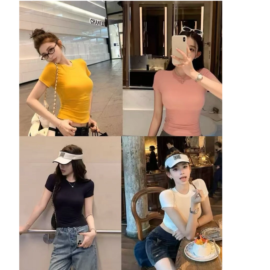 2025春夏女正肩短袖圆领T恤新款修身显瘦纯色韩版百搭时尚简约t恤