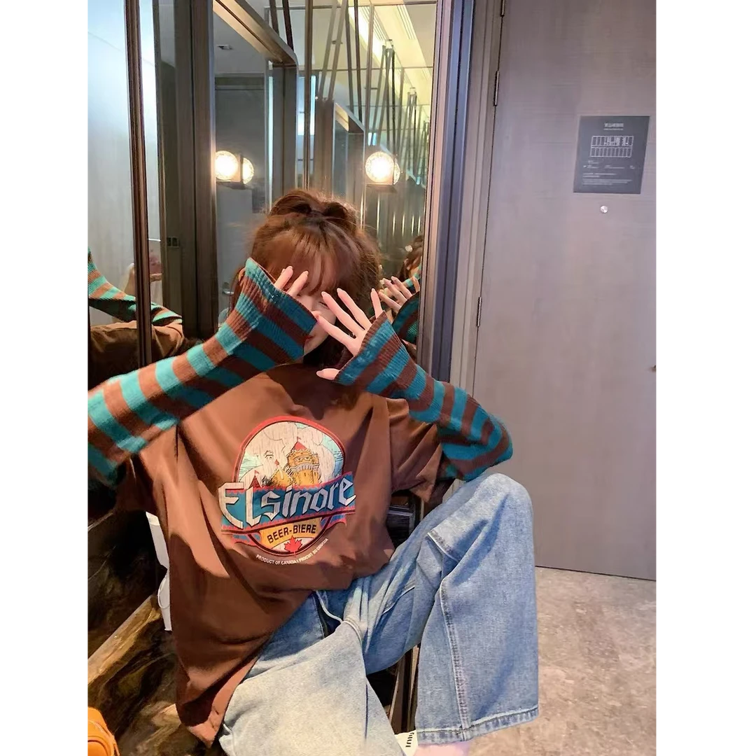 大码美式假两件长袖t恤女2025早秋设计感小众复古学院风潮牌上衣