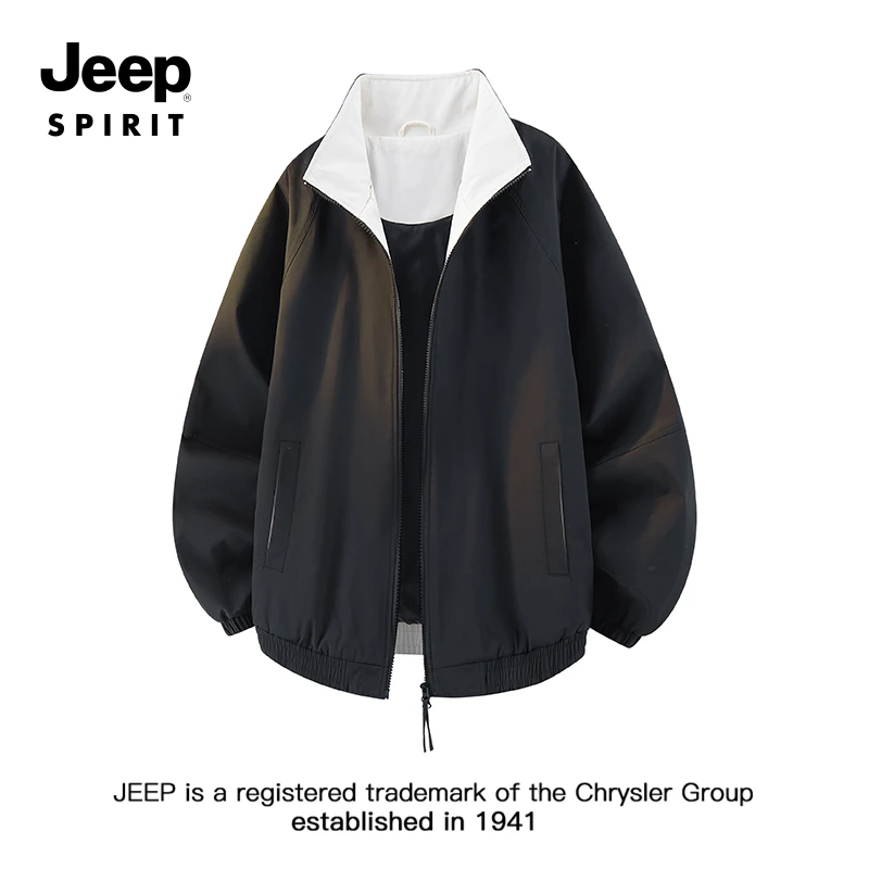 JEEPSPIRIT吉普美式拼接撞色外套男女春秋季简约休闲宽松立领夹克