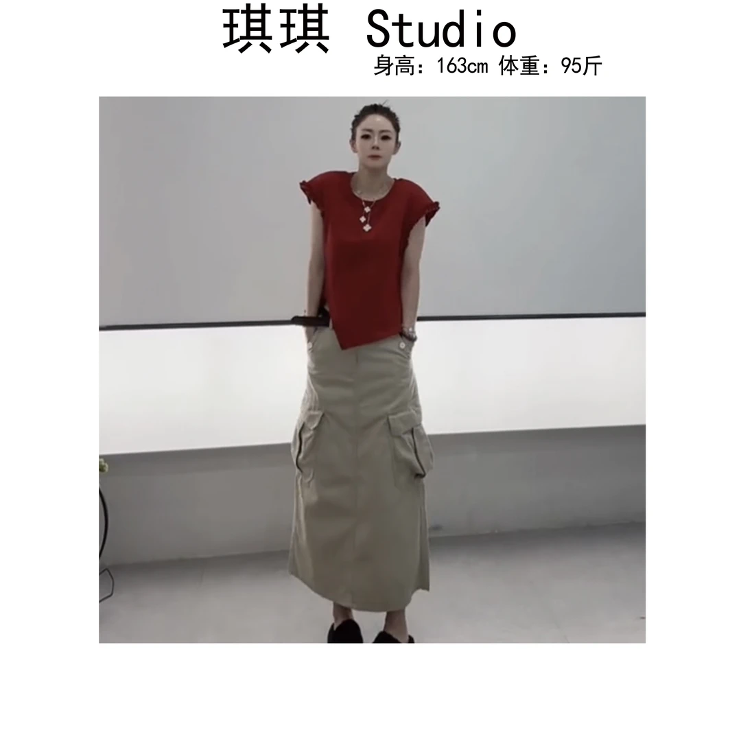 《琪琪家》夏季新款时尚宽松百搭显瘦大口袋工装牛仔半身裙7727-CS