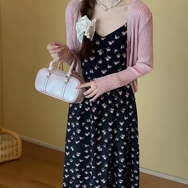 【两件套】夏季夏日新款温柔风气质碎花吊带中长裙通勤洋气衣服女