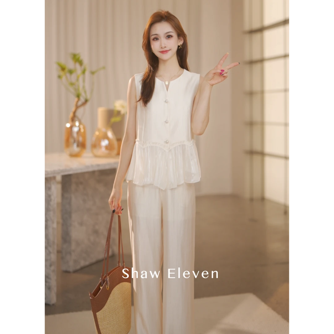 【ShawEleven】 2025年夏法式V领珍珠扣珠光感上衣裤子套装88956