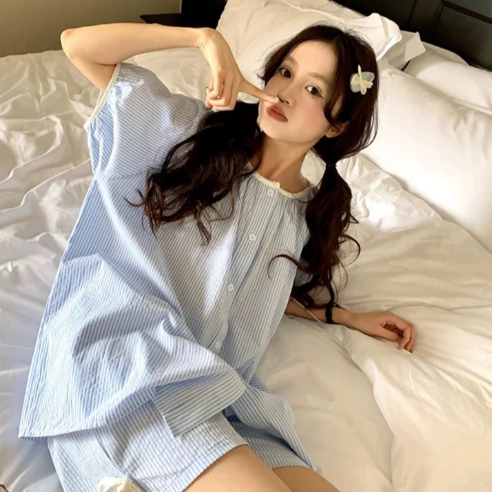 夏季新款撞色条纹吊带短袖睡衣女薄款宽松舒圆领居服套装条纹设计