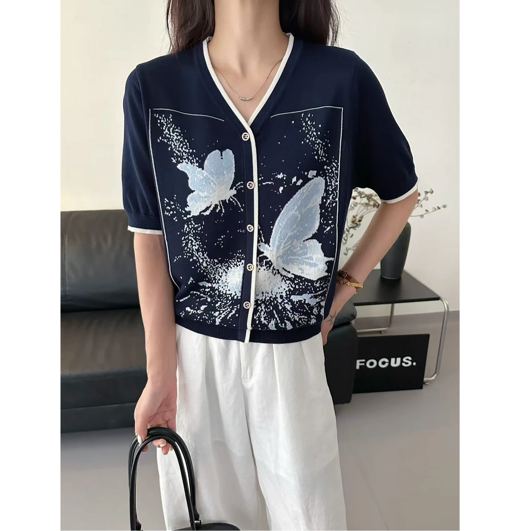 夏季蝴蝶提花莱赛尔100%V领时尚百搭宽松针织衫短袖上衣女1239